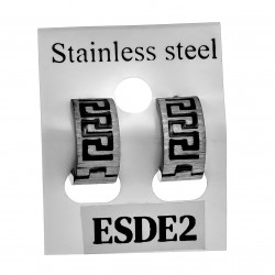 Ø13mm x 7mm Oorringen Unisex - Zwarte PVD coating en Zilverkleurig RVS - Oorbellen met Grieks Details