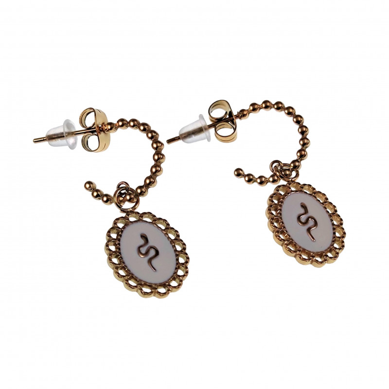 Dames - 14K Geel Goud Plated RVS - Open Oorringen met Witte Hanger Dames - 14K Geel Goud Plated RVS - Open Oorringen met Witte Hanger