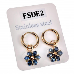 ∅14mm x 2mm Oorringen Dames - Verguld RVS - Transparant Blauwe Gefacetteerde Kristallen Bloem Hanger - Bungelende Oorbellen