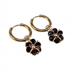 ∅17mm x 2,5mm Oorringen Dames - Verguld RVS - Gefacetteerde Tijgeroogkralen Bloem Hanger - Bungelende Oorbellen