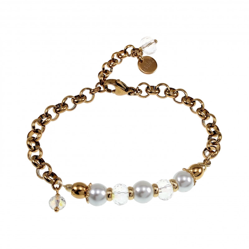Verguld RVS - Ronde Schakelarmband met Witte Schelpparel en Kristallen Verguld RVS - Ronde Schakelarmband met Witte Schelpparel en Kristallen