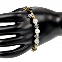 Verguld RVS - Ronde Schakelarmband met Witte Schelpparel en Kristallen