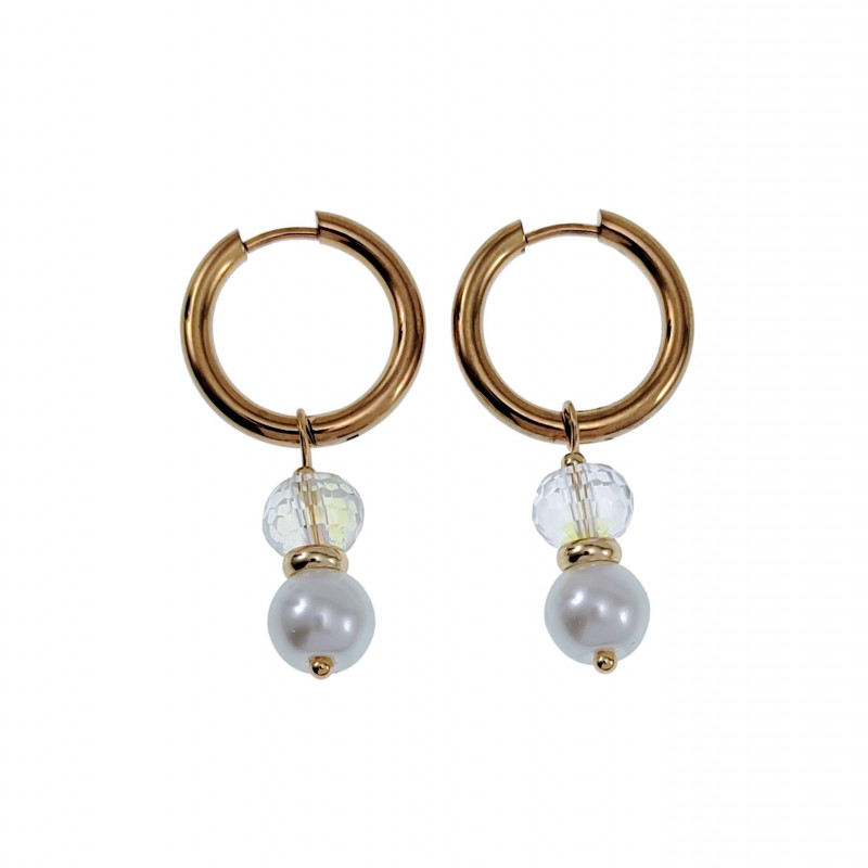 Verguld RVS Oorbellen met Witte Schelpparel en kristallen Hanger Verguld RVS Oorbellen met Witte Schelpparel en kristallen Hanger