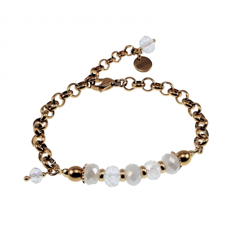 Verguld RVS - Ronde Schakelarmband met Gebroken Witte Kristallen Verguld RVS - Ronde Schakelarmband met Gebroken Witte Kristallen
