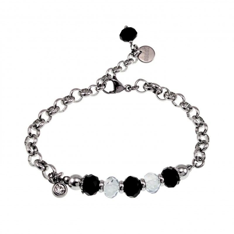 Verguld RVS - Ronde Schakelarmband met Gebroken Zwarte Kristallen Verguld RVS - Ronde Schakelarmband met Gebroken Zwarte Kristallen
