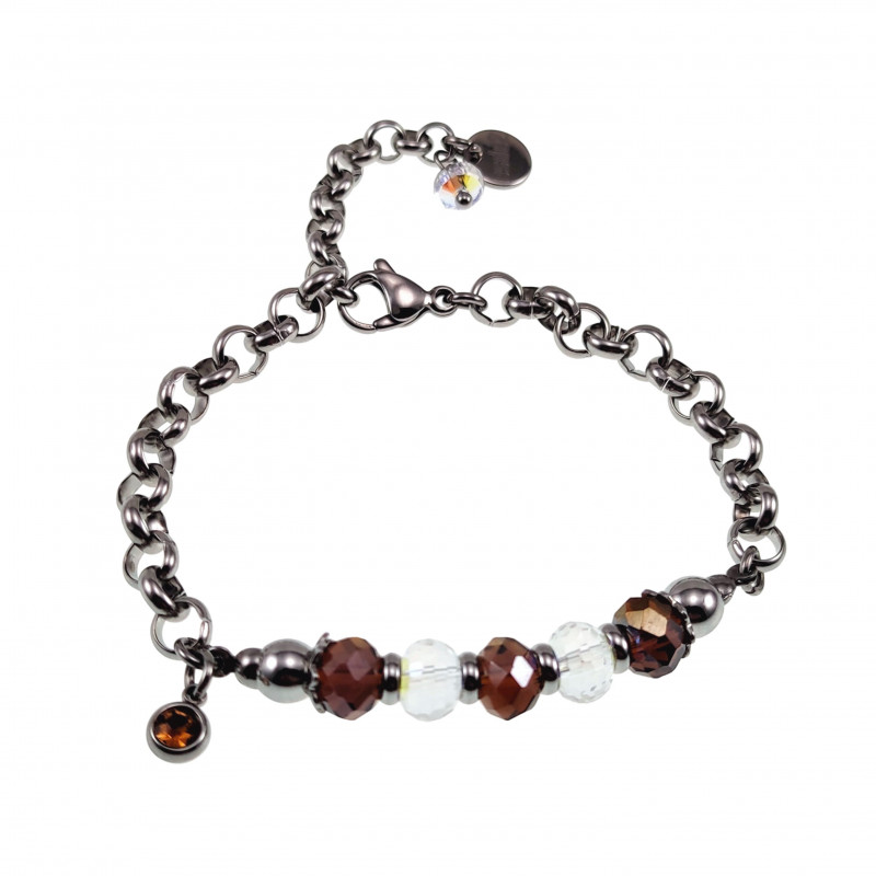Verguld RVS - Ronde Schakelarmband met Gebroken Bruine Kristallen Verguld RVS - Ronde Schakelarmband met Gebroken Bruine Kristallen