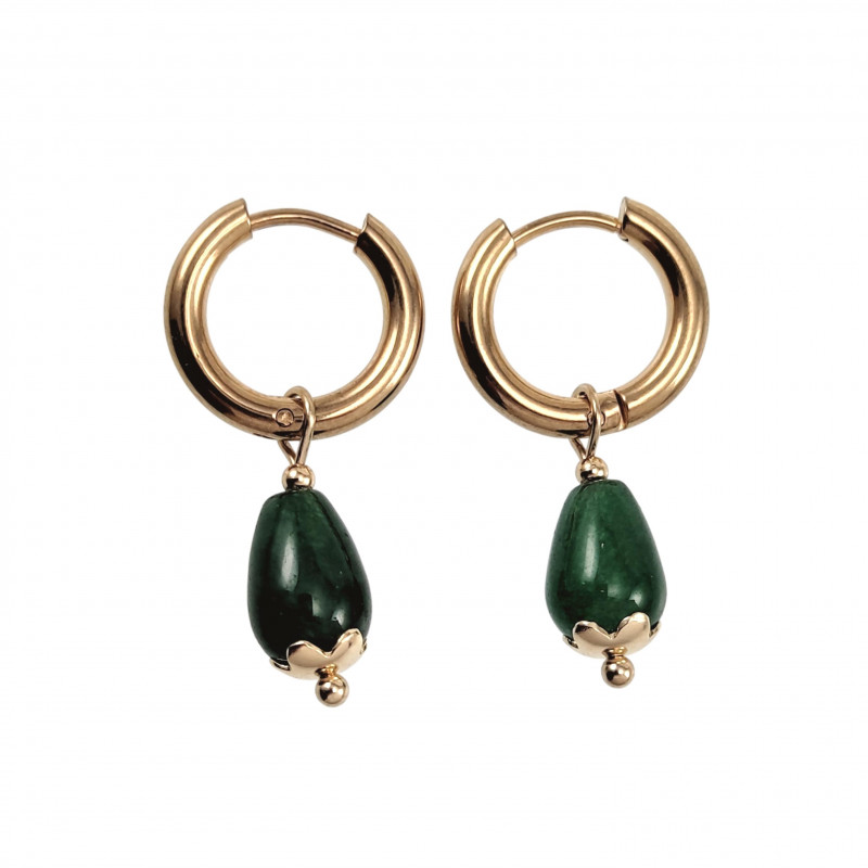 ∅15mm Oorbellen Dames - Verguld RVS Oorringen met Groen Druppelhangers ∅15mm Oorbellen Dames - Verguld RVS Oorringen met Groen Druppelhangers