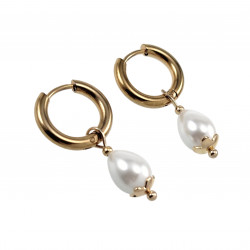 ∅15mm Oorbellen Dames - Verguld RVS Oorringen met Witte Druppelhangers