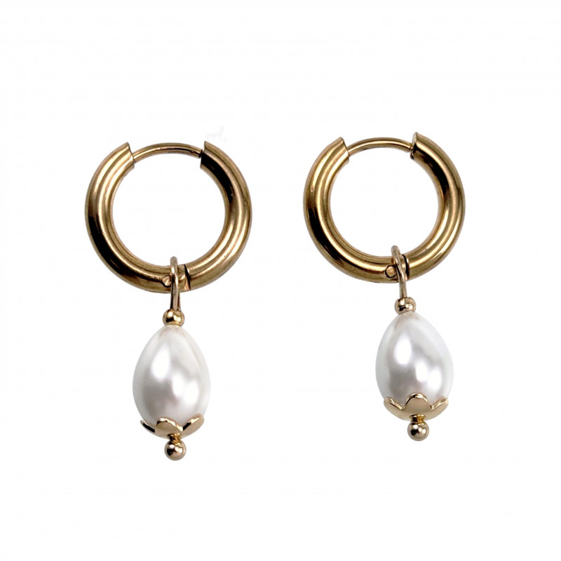 ∅15mm Oorbellen Dames - Verguld RVS Oorringen met Witte Druppelhangers ∅15mm Oorbellen Dames - Verguld RVS Oorringen met Witte Druppelhangers