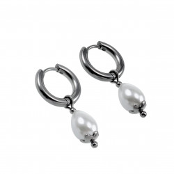 ∅15mm Oorbellen Dames - Gepolijst RVS - Oorringen met Witte Druppelhangers