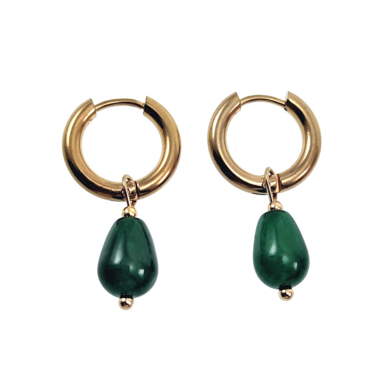 Dames - Verguld RVS Oorringen met Groen Druppelhangers ∅15mm x 2,5mm Dames - Verguld RVS Oorringen met Groen Druppelhangers ∅15mm x 2,5mm