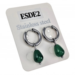 Dames Gepolijst RVS Oorringen met Groen Druppelhangers ∅15mm x 2,5mm