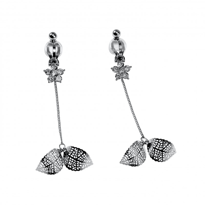 Dames - 60mm Lang - Gerhodineerd - Oorclips met Bloem- en Bladhangers Dames - 60mm Lang - Gerhodineerd - Oorclips met Bloem- en Bladhangers