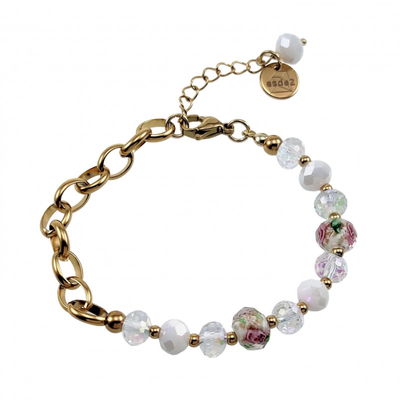 Verguld RVS Ovale Schakelarmband Witte Kristallen en Murano-Glaskralen Verguld RVS Ovale Schakelarmband Witte Kristallen en Murano-Glaskralen