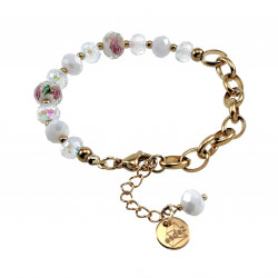 Verguld RVS Ovale Schakelarmband Witte Kristallen en Murano-Glaskralen
