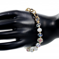 Verguld RVS Ovale Schakelarmband Witte Kristallen en Murano-Glaskralen