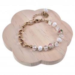 Armband Dames - Verguld RVS - Ovale Schakelarmband met Witte Kristallen en Murano Glaskralen - Verstelbaar