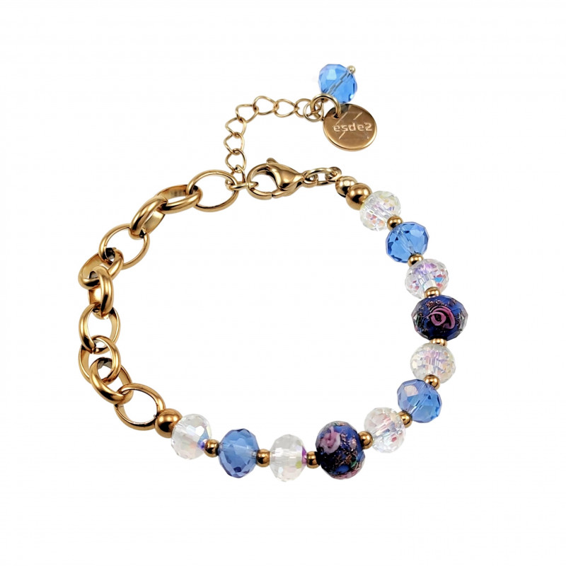 Verguld RVS Schakelarmband Lila-Blauwe Kristallen en Murano-Glaskralen Verguld RVS Schakelarmband Lila-Blauwe Kristallen en Murano-Glaskralen