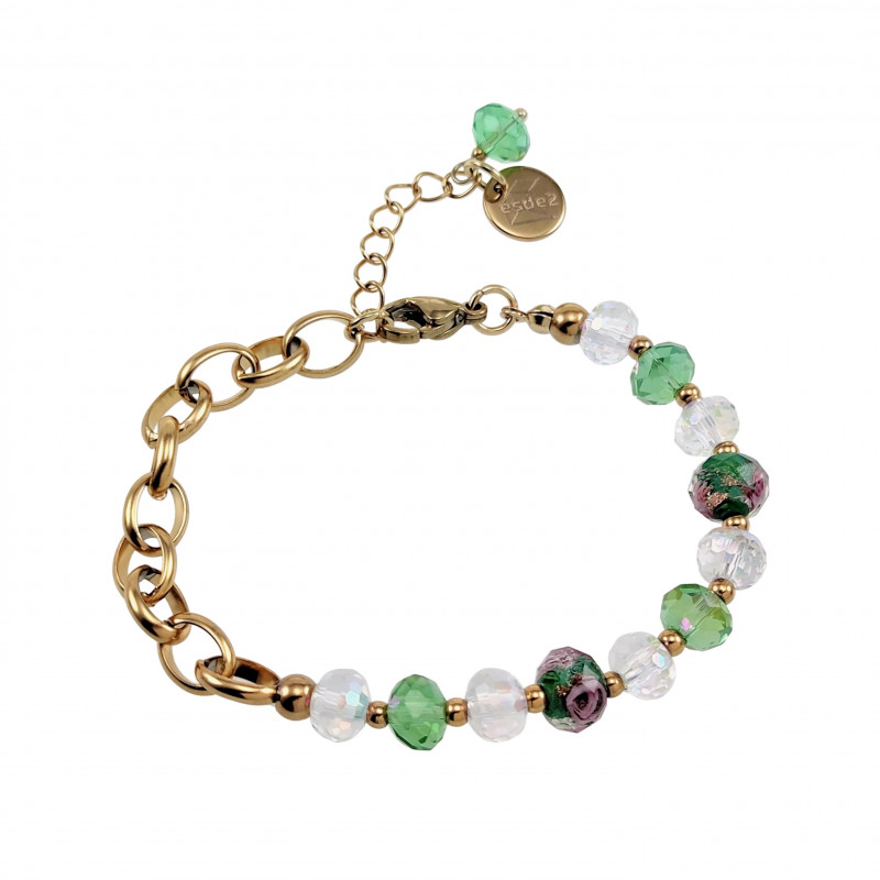 Verguld RVS Schakelarmband met Groene Kristallen en Murano-Glaskralen Verguld RVS Schakelarmband met Groene Kristallen en Murano-Glaskralen