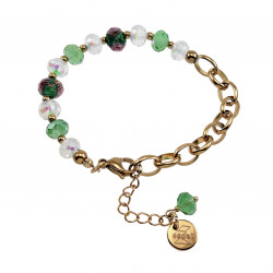 Verguld RVS Schakelarmband met Groene Kristallen en Murano-Glaskralen