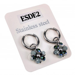 ∅14mm x 2mm Oorringen met Grijze-Groen Kristallen Bloem Hanger - RVS