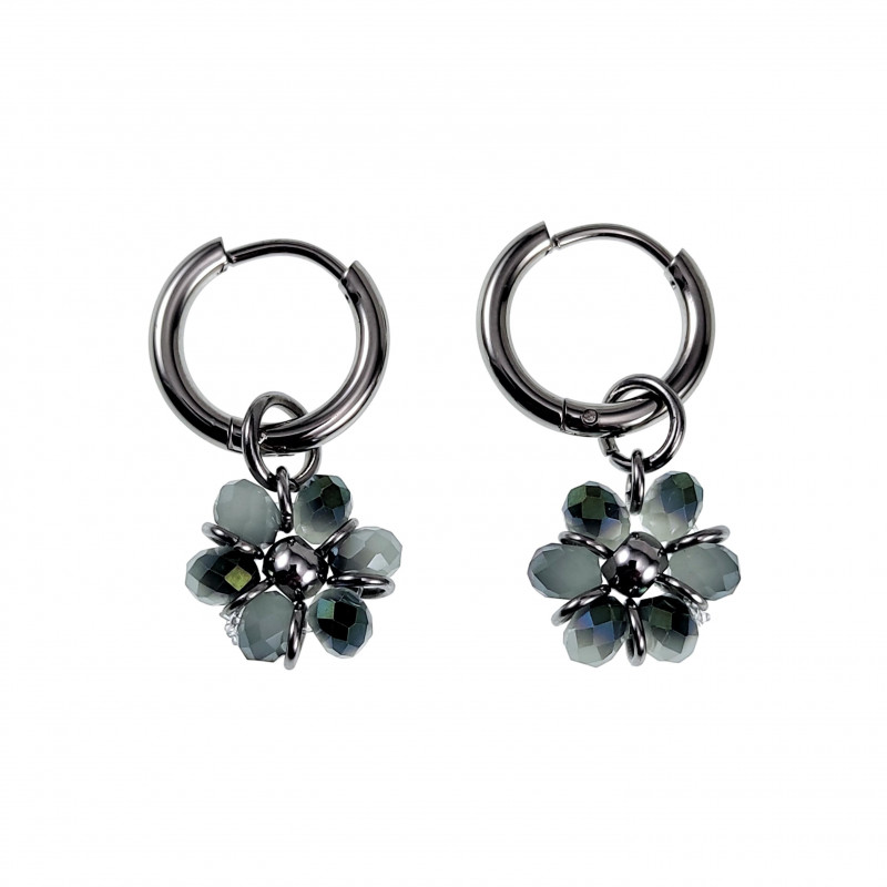∅14mm x 2mm Oorringen met Grijze-Groen Kristallen Bloem Hanger - RVS ∅14mm x 2mm Oorringen met Grijze-Groen Kristallen Bloem Hanger - RVS