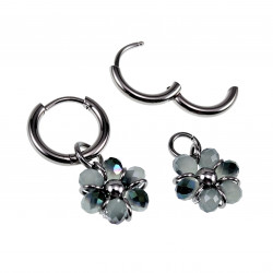 ∅14mm x 2mm Oorringen met Grijze-Groen Kristallen Bloem Hanger - RVS