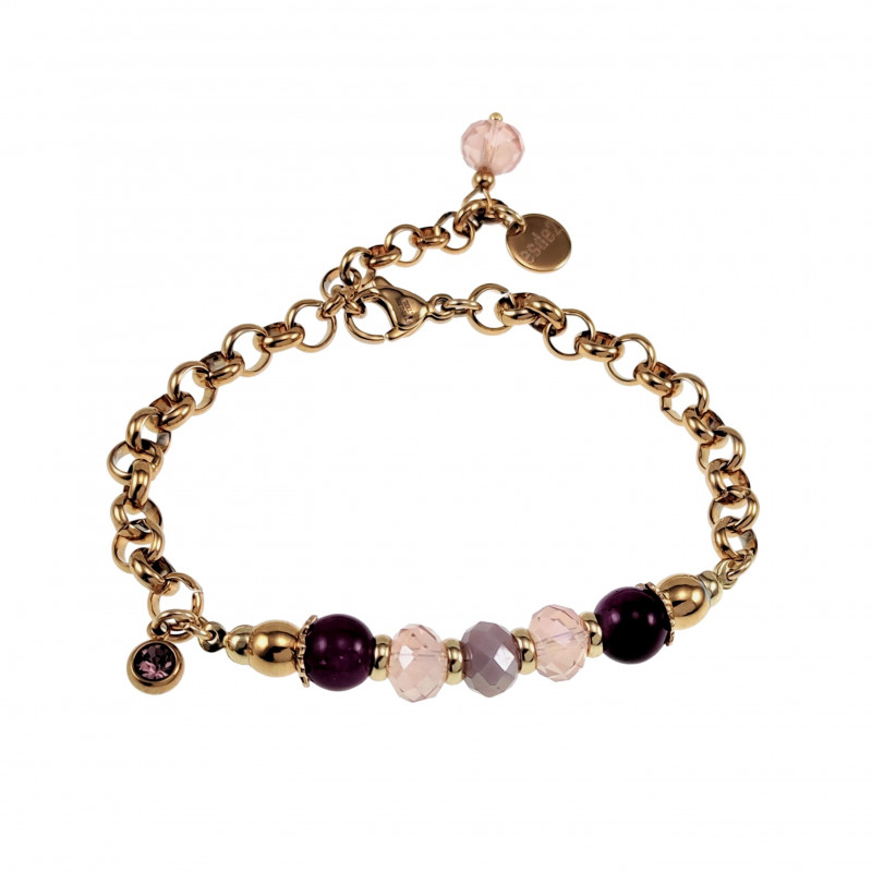 Dames - Verguld RVS Ronde Schakelarmband met Paarse en Roze Kristallen Dames - Verguld RVS Ronde Schakelarmband met Paarse en Roze Kristallen