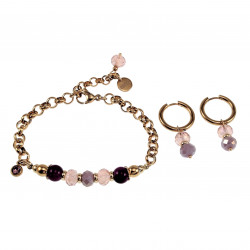 Verguld RVS Oorringen met Paarse en Roze Kristalkrallen Hanger
