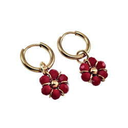∅14mm Oorringen met Doffe Rode Kristallen Bloem Hanger Verguld RVS