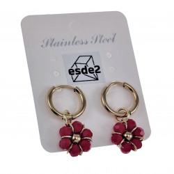 ∅14mm Oorringen met Doffe Rode Kristallen Bloem Hanger Verguld RVS