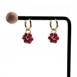 ∅14mm Oorringen met Doffe Rode Kristallen Bloem Hanger Verguld RVS