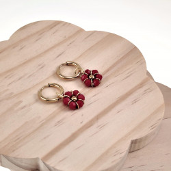 ∅14mm Oorringen met Doffe Rode Kristallen Bloem Hanger Verguld RVS