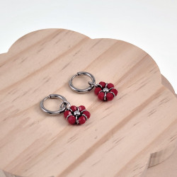 ∅14mm Oorringen met Doffe Rode Kristallen Bloem Hanger Gepolijst RVS