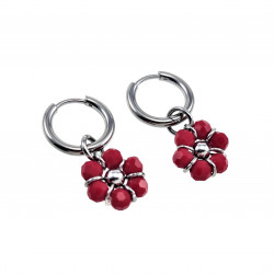 ∅14mm Oorringen met Doffe Rode Kristallen Bloem Hanger Gepolijst RVS