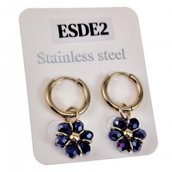 ∅14mm x 2mm Oorringen Dames - Verguld RVS - Marineblauwe Gefacetteerde Kristallen Bloem Hanger - Bungelende Oorbellen