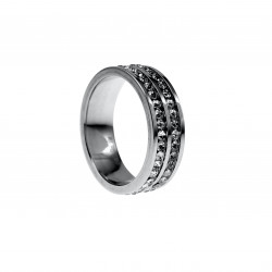 Ring Dames - Gepolijst RVS - Ring met Twee Rijen Glimmende Zirkonia Steentjes - Brede Ring