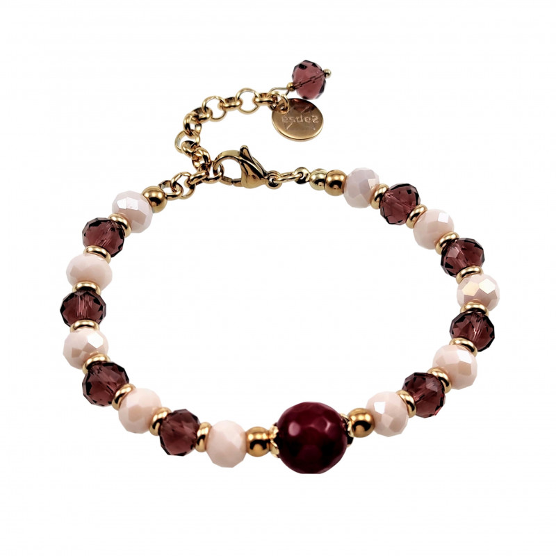 Verguld RVS Armband met Gefacetteerde Crème en Rode Granaat Kristallen Verguld RVS Armband met Gefacetteerde Crème en Rode Granaat Kristallen