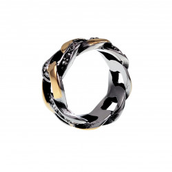 Ring Dames - Zilverkleurige - Goudkleurige RVS -  Cubaans Schakeldesign Ring - Brede Ring met Zirkonias Steentjes