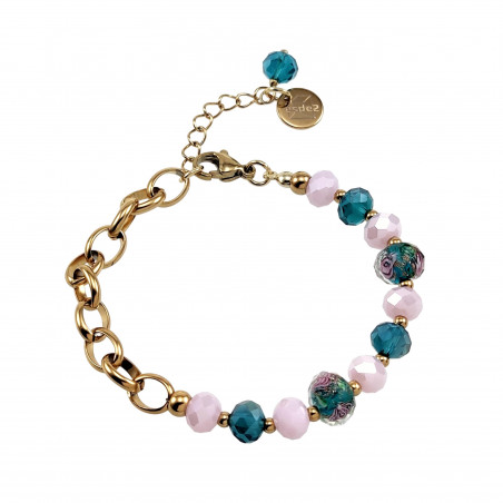 Goudkleurige RVS Armband met Aquagroene Kristallen - Murano Glaskralen