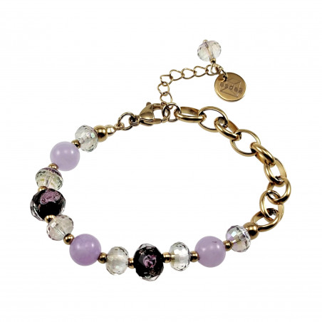 Verguld RVS Ronde Schakelarmband met Kristallen en Paarse Jade Stenen