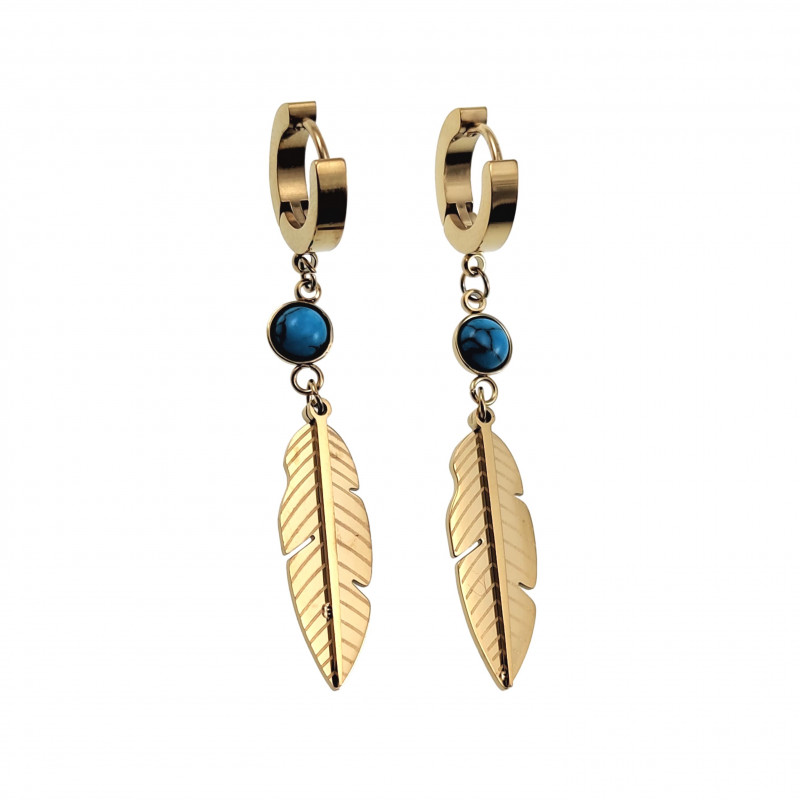 Oorbellen Dames - Verguld RVS - Goudkleurige - Lange Oorbellen - Oorringen met Natuurlijke Turquoise Steen en Veerhanger