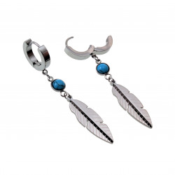 Oorbellen Dames - Gepolijst  RVS - Zilverkleurige - Lange Oorbellen - Oorringen met Natuurlijke Turquoise Steen en Veerhanger