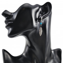 Oorbellen Dames - Gepolijst  RVS - Zilverkleurige - Lange Oorbellen - Oorringen met Natuurlijke Turquoise Steen en Veerhanger