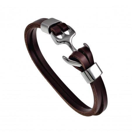 Unisex - Meerlagige Armband met Anker - Gepolijst RVS - Bruin Leer