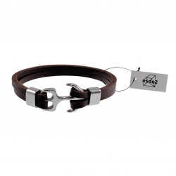 Armband Unisex - Meerlagige Armband met Anker - Gepolijst RVS - Bruin Leer