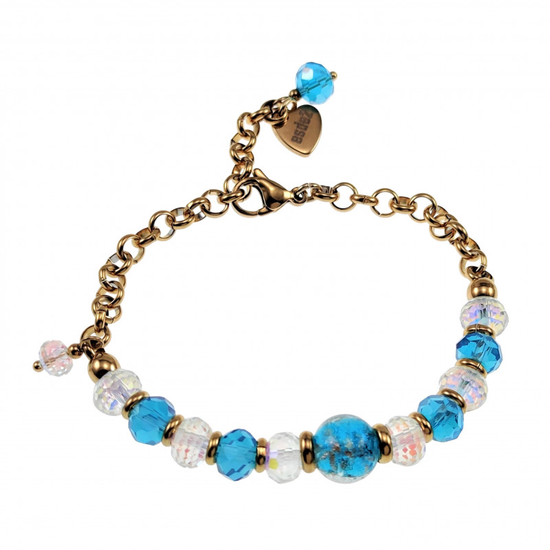 Verguld RVS Schakelarmband met Turquoise Glaskralen - Murano-Kraal