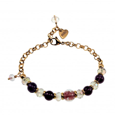 Verguld RVS Schakelarmband met donkerpaarse Glaskralen - Murano-Kraal