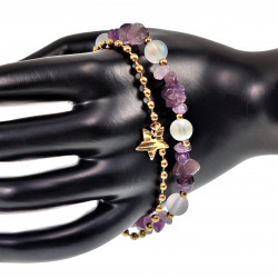 Dubbele Armband Amethistgrind - Witte Maansteen - Verguld RVS