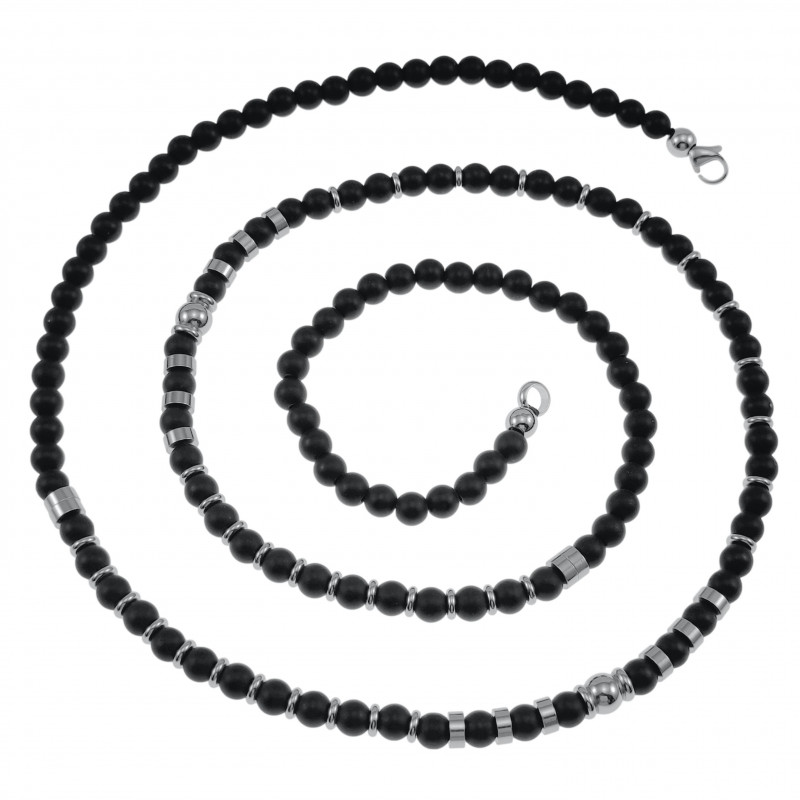 85cm - 6mm Kralenketting Heren - RVS - Matte Onyx Natuursteen - Zwarte Natuursteen Ketting